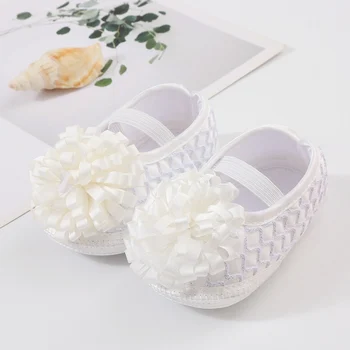 Обувь для новорожденных девочек, Модная принцесса, Лента с цветком, Первые ходунки на мягкой подошве для малышей, Обувь для крещения 0-1-летнего ребенка.