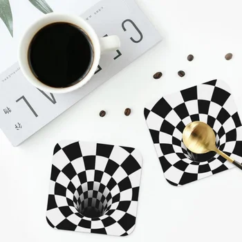 Оптическая иллюзия Черная дыра Подставки для шахматной доски Кожаные салфетки Нескользящие изоляционные коврики для кофе Кухонные обеденные подушечки Набор из 4