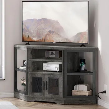 Подставка для телевизоров до 55 дюймов с розеткой, Современный фермерский развлекательный центр, Деревянная телевизионная медиа-консоль, серый дуб
