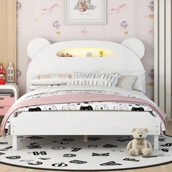 Полноразмерная деревянная кровать на платформе с изголовьем в форме медведя, кровать с ночниками с активацией движения для мебели для спальни в помещении, белый