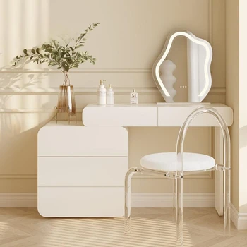 Простая мебель для спальни, белый шкафчик цвета слоновой кости, стол и акриловый стул В сочетании для дома, Минималистичный туалетный столик в квартире