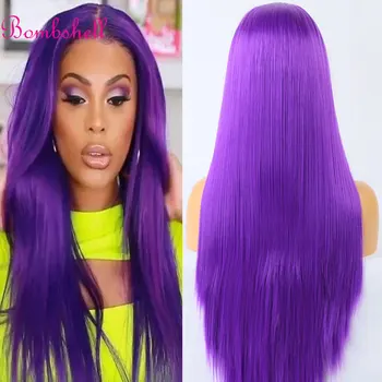 Прямые синтетические волосы, парик на кружеве, волосы из термостойкого волокна фиолетового цвета, естественный пробор посередине для модных женщин