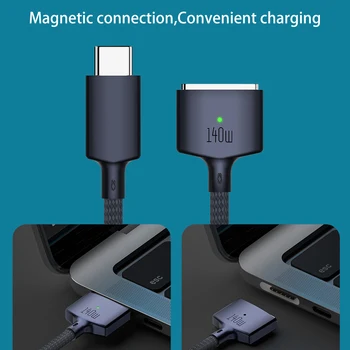 Разъем Type-C к Магнитному Кабелю Быстрой зарядки 3 PD140W Зарядный кабель Со Светодиодными Индикаторами Высокой мощности для MacBook Air/Pro 2021 2022 2023