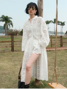 Романтическое хлопчатобумажное белое платье с цветочной вышивкой, женское платье с длинным рукавом, Выдалбливающий шнурок, свободный кардиган с солнцезащитным кремом, халаты