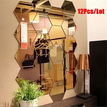 Роскошные 12шт 3D зеркальные наклейки на стену в форме шестиугольника, виниловые съемные наклейки на стену, наклейка для украшения дома своими руками, художественные зеркальные украшения