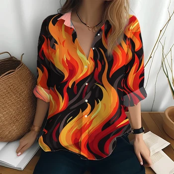 Рубашка с длинным рукавом с 3D-принтом Flame, осенняя простая однобортная модная рубашка, свободная уличная повседневная рубашка с отложным воротником