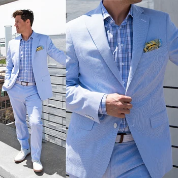 Светло-голубой мужской костюм, 2 предмета, блейзер, брюки с отворотом на одной пуговице, Официальный деловой приталенный Новый свадебный костюм жениха Homme