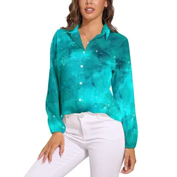Свободная блузка с рисунком Галактики, принт со звездами, Корейская мода, блузки оверсайз, Женская винтажная рубашка с длинным рукавом, Летний Дизайнерский топ