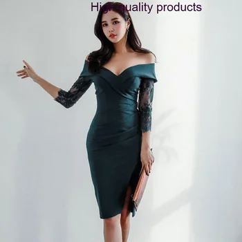 Сексуальное Летнее Женское платье в корейском стиле 2023 года с кружевным Лоскутным вырезом в одну линию, Однотонное Длинное платье Z471