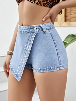 Сексуальные джинсовые шорты с ромбами неправильной формы для женщин, летние новые юбки с высокой талией, шорты 2023, небесно-голубые Xs-xl