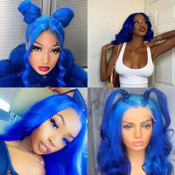 Синий парик из синтетических волос на кружеве с естественной волной Из высококачественного термостойкого волокна, предварительно выщипанный по линии роста волос Для женщин, парики для ежедневного использования