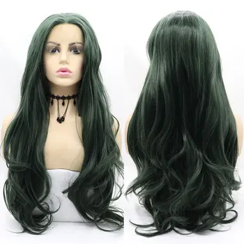 Синтетический парик с кружевом спереди, темно-зеленые волосы из термостойких волокон, свободная волна, Естественный пробор посередине для белых женских париков