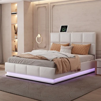 Современная белая кровать-платформа с мягкой обивкой размера 