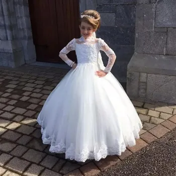Стильное белое платье в цветочек для девочек на свадьбу, платья для крещения с высоким воротом, тюлевые аппликации с длинными рукавами, детское платье для Святого Причастия