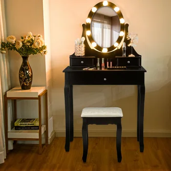 Туалетный столик для макияжа с 3 ящиками, 10 светодиодных ламп, черный, изысканный вид небольшого шкафа для хранения, встроенный столик для макияжа
