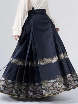 Улучшенная юбка в китайском стиле Hanfu Ming Dynasty для женщин с завышенной талией, роскошная и благородная плиссированная Длинная юбка с цветочным принтом