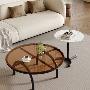 Французский стеклянный журнальный столик в стиле ретро, маленькая квартира, креативный кремовый стиль, круглый коричневый чайный столик, стол CJ07