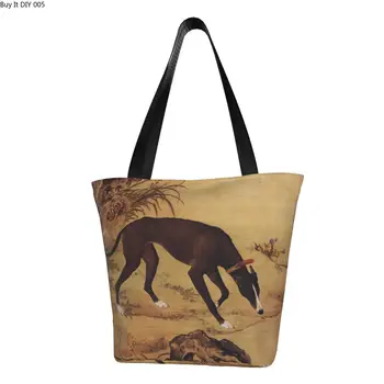 Хозяйственная сумка с росписью в китайском стиле Whippet Greyhound, холщовая сумка через плечо, винтажные сумки для покупок в продуктовых магазинах с борзой собакой.
