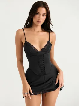 Черное сексуальное женское мини-платье на бретельках с V-образным вырезом, без рукавов, облегающее Короткое платье-корсет Vestidos