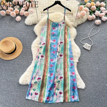 Шифоновые летние платья OCEANLOVE для женщин с принтом в пляжном стиле, винтажное платье миди с принтом в корейском стиле, милое Vestidos Mujer