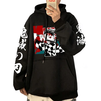 Японское Аниме Demon Slayer Мужские Толстовки с модным принтом Хип-хоп Свитшоты Harajuku Пуловер с длинным рукавом Свободная Уличная одежда с принтом